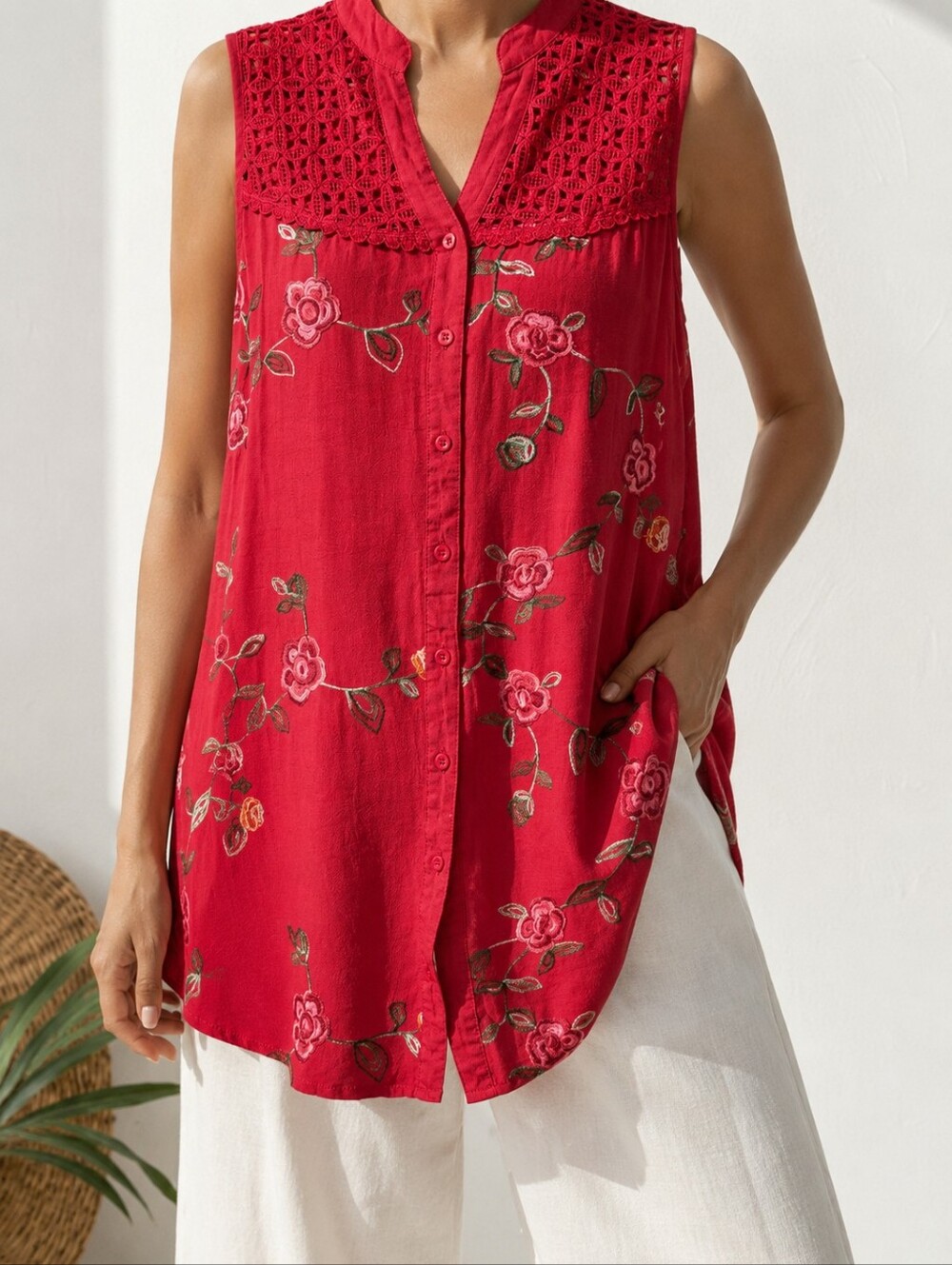 CHOA Embroidered Floral Crochet Lace Button Front Boho Tunic Dress Top L XL